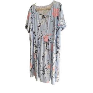 NWT ZOLUCKY Blue Floral Pleated Short Sleeve Summer Midi Dress Womans Size 3X